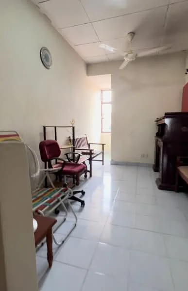 Living features: white painted walls, glossy ceramic tile flooring, ceiling fan, window with natural light, wooden furniture, armchair, reclining chair, wooden console, clock on wall.