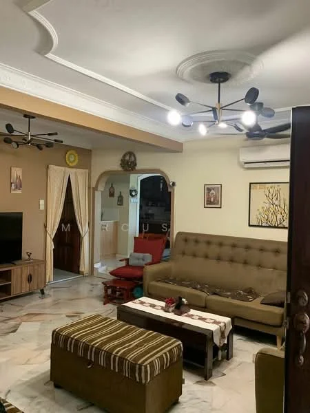 Living features: 3-seater fabric sofa in brown, 2-seater fabric sofa in beige, coffee table with decorative items, TV console with wall-mounted TV, area rug with geometric pattern, ceiling fan with integrated LED light, recessed downlights, marble flooring, wall-mounted air conditioning unit, framed artwork on walls, decorative wall clock, arched doorway leading to another room; style: traditional.