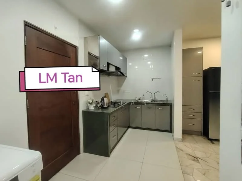 Kitchen features: grey cabinetry, stainless-steel sink, chrome pull-down faucet, built-in oven, freestanding range oven, microwave, black refrigerator, white walls, tile flooring, recessed downlights, countertop with grey finish, open shelving, wall-mounted cabinets; style: modern.