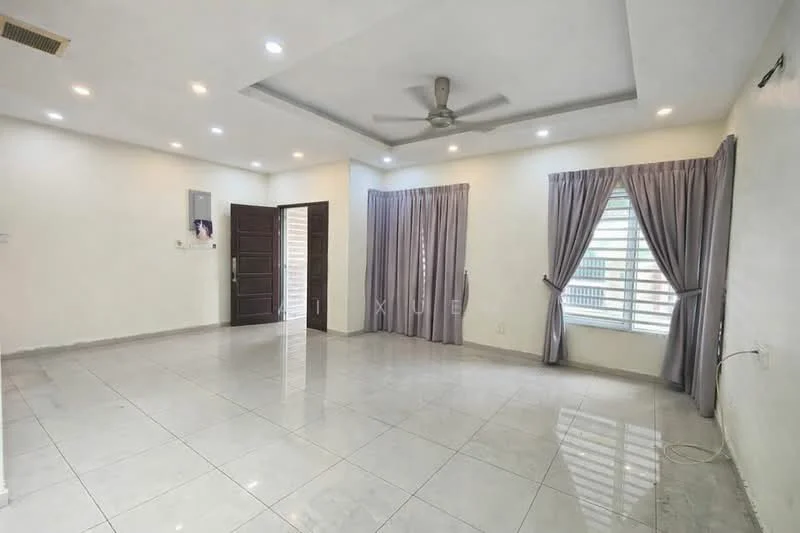 Living features: white painted walls, grey tiled flooring, tray ceiling with recessed lighting, 5-blade ceiling fan, floor-to-ceiling windows, sheer curtains, dark wood door, double-door entrance, light grey curtains, wall-mounted electrical outlets; style: modern.