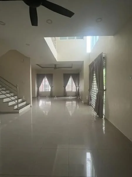 Living features: large open space, white painted walls, polished ceramic tile flooring, 5-blade ceiling fan, floor-to-ceiling windows, sheer curtains, recessed downlights, staircase with metal railing, natural light from windows; style: modern.