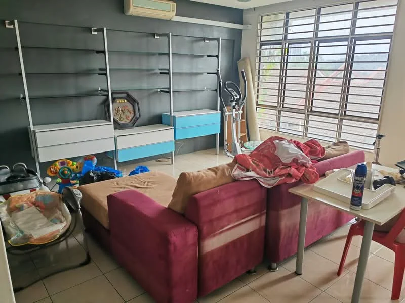 Living features: 3-seater fabric sofa in pink, coffee table, wall-mounted shelves, tile flooring, large windows with horizontal bars, air conditioning unit, decorative wall art, exercise equipment, children's toys, blankets on sofa, light-colored walls, dark accent wall; style: modern.