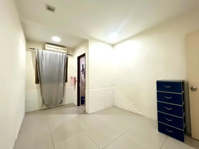 Room features: white painted walls, light grey tiled flooring, curtain on window, wooden door, built-in wardrobe with blue drawers, ceiling light fixture; style: modern.