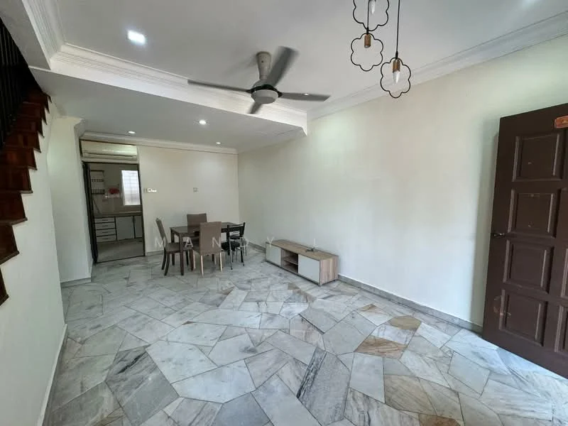 Living features: marble flooring, white painted walls, tray ceiling, 5-blade ceiling fan with light, dining table for six, black dining chairs, wooden TV console, wall-mounted TV space, decorative light fixtures, natural light from windows, open layout, staircase visible in background; style: modern.
