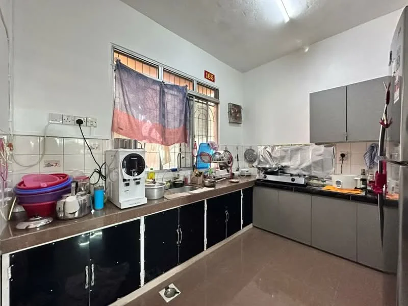 Kitchen features: grey upper cabinets, black lower cabinets, stainless-steel sink, chrome faucet, built-in stove, countertop with appliances, microwave, kettle, various kitchen utensils, window with sheer curtains, tile backsplash, ceramic tile flooring, refrigerator; style: modern.