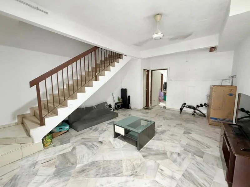 Living features: marble flooring, white painted walls, ceiling fan, staircase with wooden railing, large glass coffee table, TV console, exercise equipment, box storage, open layout; style: modern.