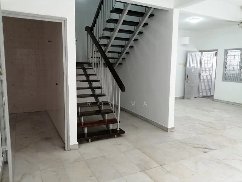 Room features: marble flooring, white painted walls, staircase with wooden steps and metal railing, doorway leading to another room, window with metal grille, light fixture on ceiling; style: modern.