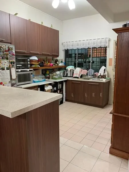 Kitchen features: brown wooden cabinetry, white countertop, stainless-steel microwave, stainless-steel fridge, built-in oven, ceramic tile flooring, window with sheer curtains, sink with faucet, dish rack, kitchen utensils on countertop, open shelving, decorative items on shelves; style: modern.