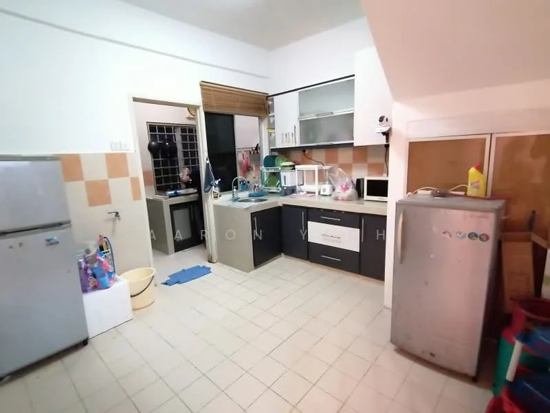 Kitchen features: stainless-steel fridge, black and white cabinetry, ceramic tile flooring, white walls, window with black frame, double-bowl stainless-steel sink, chrome pull-down faucet, countertop with space for appliances, built-in microwave, kitchen island, tile backsplash, open shelving, laundry basket, cleaning supplies storage; style: modern.