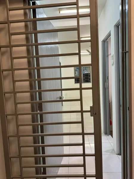 Room features: metal security grille door, white walls, white tiled flooring, interior doors, windows with grilles, fluorescent ceiling lights; style: modern.