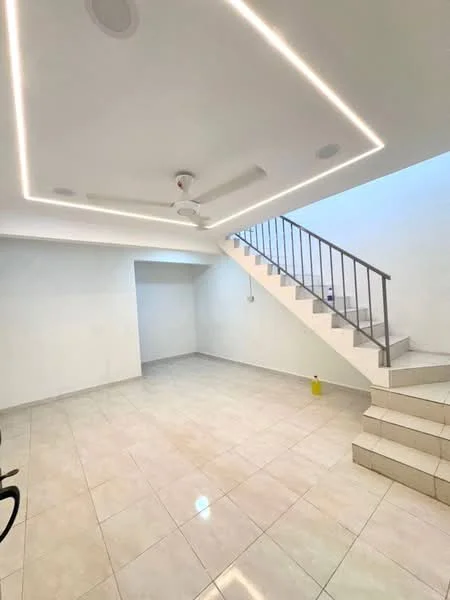 Room features: white painted walls, glossy tile flooring, 5-blade ceiling fan, recessed downlights, staircase with metal railing, open space layout, natural light from upper level, neutral color scheme; style: modern.