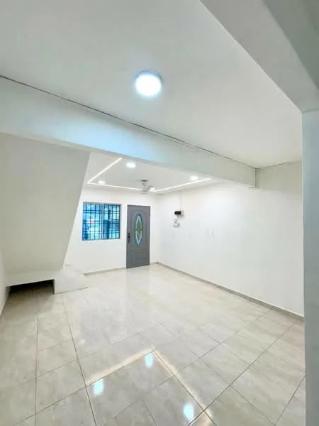 Room features: white painted walls, tile flooring, recessed downlights, ceiling fan, window with grid, grey door, corner staircase, open layout; style: modern.