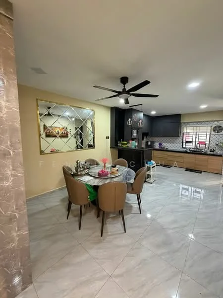 Dining features: round dining table, 4 upholstered dining chairs, decorative centerpiece on table, mirror with diamond pattern, pendant lighting, 5-blade ceiling fan, marble tile flooring, cream painted walls, kitchen cabinetry visible in background, kitchen countertop with sink visible in background; style: modern. Kitchen features: wooden cabinetry, black countertop, stainless-steel sink, built-in appliances, tile backsplash, window with natural light; style: modern.