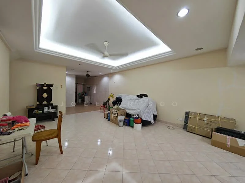 Room features: cream painted walls, tray ceiling with recessed lighting, ceramic tile flooring, ceiling fan, various storage boxes, folding chair, table with items, blanket-covered furniture.