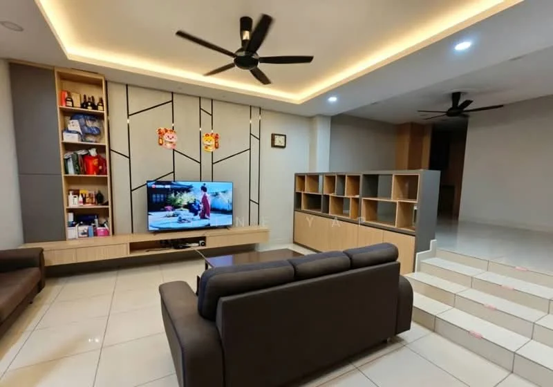 Living features: dark grey fabric sofa, wooden TV console, wall-mounted TV, built-in shelving unit, recessed LED downlights, ceiling fan, white tiled flooring, decorative wall with geometric pattern, light wood cabinetry, staircase leading to another level; style: modern.