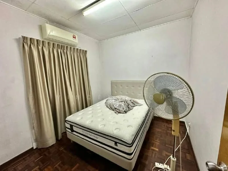 Bedroom features: queen-size bed, upholstered headboard, cream curtains, wall-mounted split AC, ceiling fan, wooden flooring, white painted walls, light fixture on ceiling.