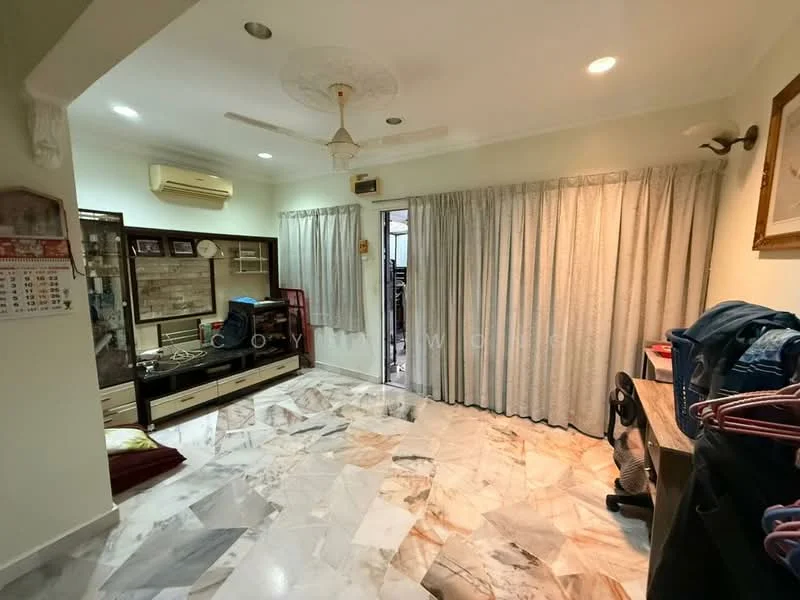 Living features: marble flooring, white painted walls, ceiling fan, floor-to-ceiling curtains, sliding glass door, built-in cabinetry, wall-mounted air conditioning unit, decorative ceiling rose, area rug, wall clock; style: modern.