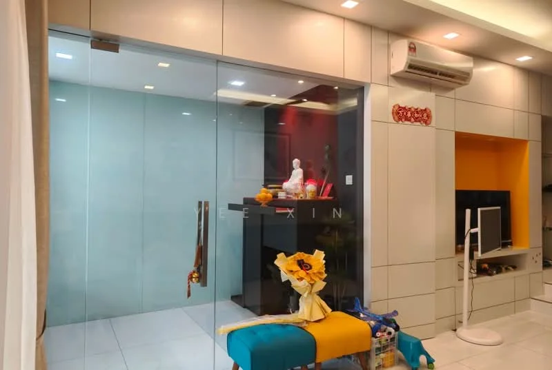 Room features: glass partition wall, white tiled flooring, recessed ceiling lights, wall-mounted air conditioning unit, decorative wall with red accent, yellow feature wall, decorative statue on pedestal, colorful decorative items, potted plant, blue and yellow upholstered bench; style: modern.