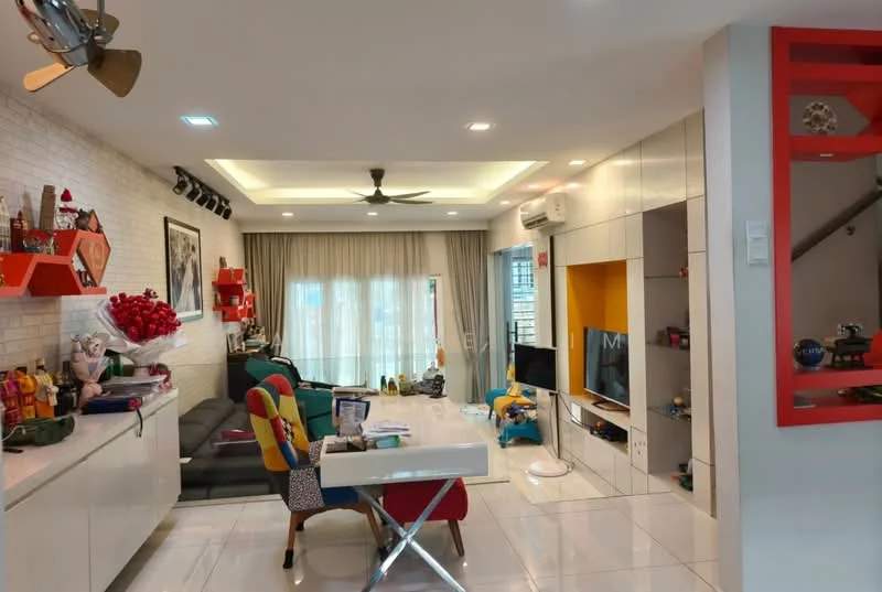 Living features: grey leather sectional sofa, colorful accent chairs, white glossy cabinetry, white walls with decorative shelving, marble tile flooring, recessed ceiling lights, 5-blade ceiling fan, large windows with sheer curtains, wall-mounted TV, decorative wall art, colorful decorative items, open layout to dining area; style: modern.