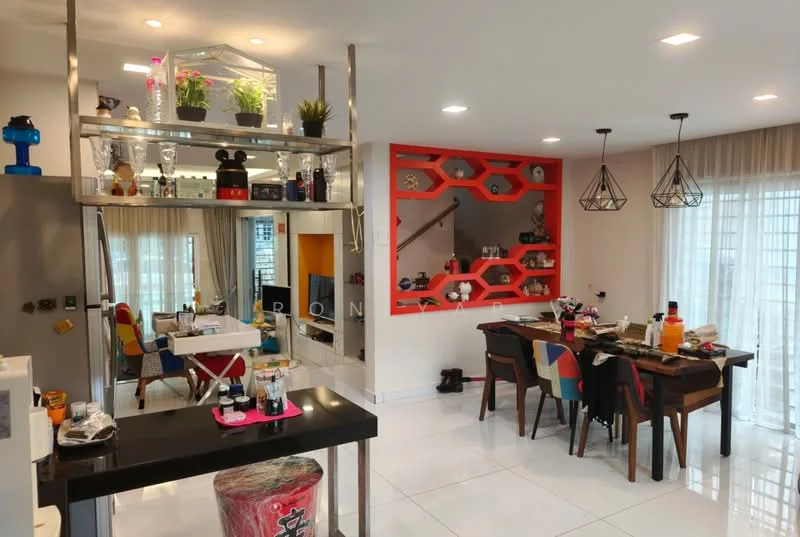 Dining features: white tiled flooring, recessed downlights, dining table with 6 chairs, decorative wall with geometric design in orange, open shelving with decorative items, floor-to-ceiling windows with sheer curtains, wall-mounted decorative shelves, colorful upholstered dining chairs; style: modern. Kitchen features: black countertop, stainless-steel appliances, white cabinetry, kitchen island with seating, open shelving with plants and decor, microwave, kettle, sink; style: modern.