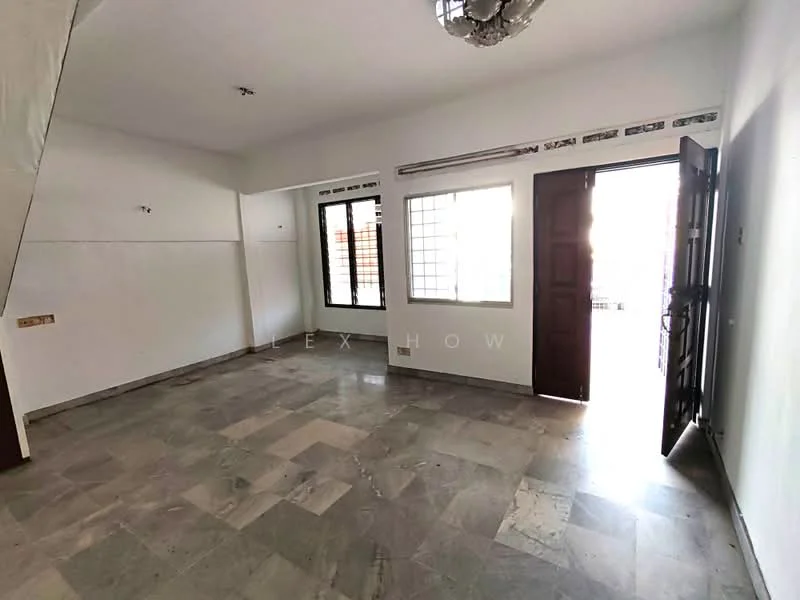 Room features: white painted walls, marble flooring, ceiling light fixture, floor-to-ceiling windows, double door entrance, open layout, no visible furniture, natural light from windows; style: minimalist.
