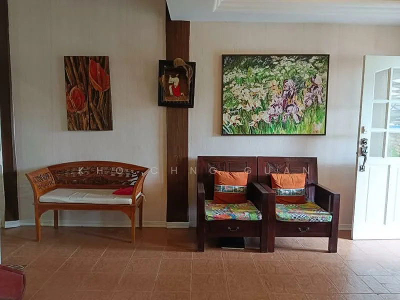 Room features: wooden bench with cushion, 2 wooden chairs with colorful upholstery, framed artwork with floral pattern, framed artwork with abstract design, cream painted walls, tile flooring, wood paneling, decorative wall hanging; style: traditional.