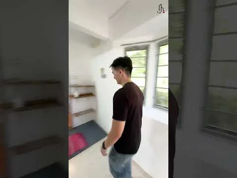 Room features: white painted walls, grey tiled flooring, large windows, wooden shelving, doorway, carpet mat, natural light, open layout; style: modern; view: garden.