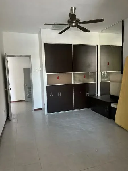 Room features: light-colored tiled flooring, white painted walls, ceiling fan, built-in wardrobe with mirrored doors, dark wood cabinetry, small hallway leading to another room, minimalist decor, natural light from window; style: modern.