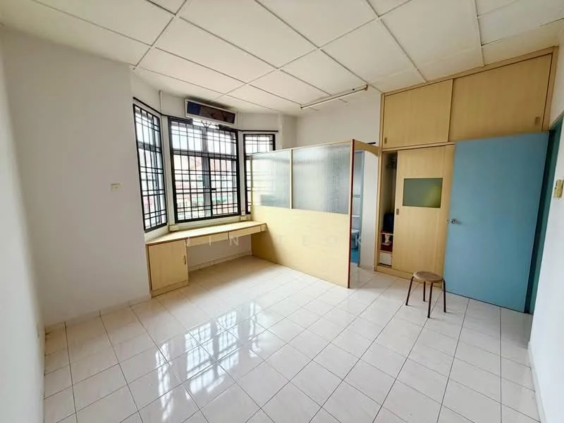 Room features: white painted walls, white tiled flooring, ceiling with grid panels, large windows with black metal frames, built-in wooden cabinetry, glass partition, air conditioning unit, single wooden stool; style: minimalist.