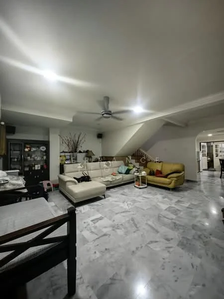 Living features: marble flooring, 5-blade ceiling fan with light, L-shape sectional sofa in cream, 2-seater sofa in yellow, coffee table, wall-mounted TV, decorative plants, recessed downlights, open layout to dining area, decorative wall art; style: modern.