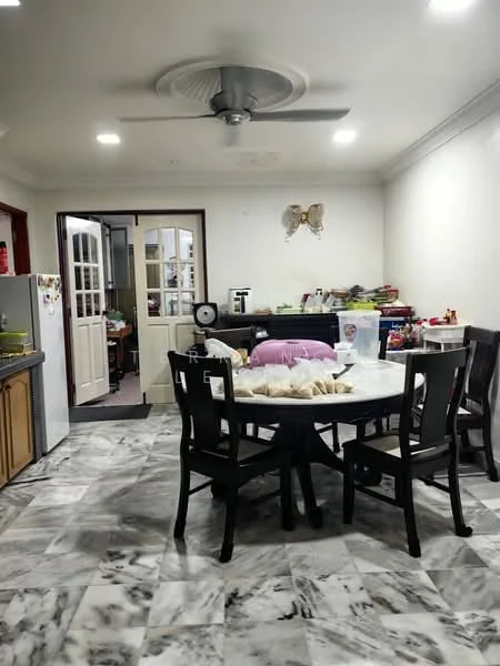 Dining features: round dining table, black wooden dining chairs, 5-blade ceiling fan with light, marble tile flooring, white painted walls, refrigerator, wooden cabinetry, decorative wall mirror, various kitchen items on countertop; style: modern. Room features: white painted walls, marble tile flooring, doorway leading to another room.
