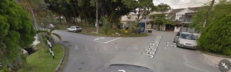 Exterior features: street view, residential area, paved road, curved intersection, green landscaping, parked cars, road signage, trees lining the street.