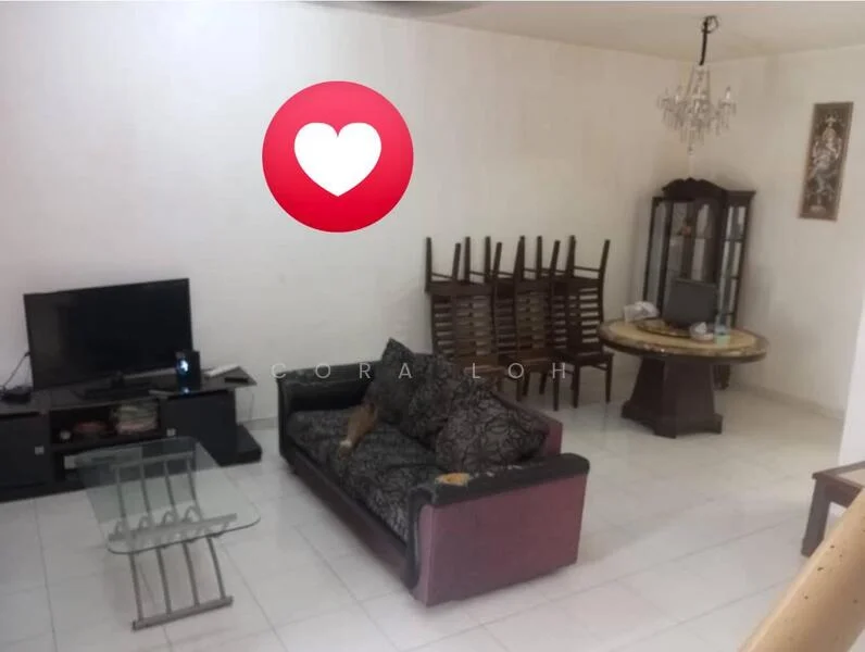 Living features: 3-seater fabric sofa in black with floral pattern, glass coffee table, TV console with wall-mounted TV, chandelier, decorative wall art, white painted walls, ceramic tile flooring, round dining table, wooden dining chairs stacked, sideboard cabinet; style: modern.