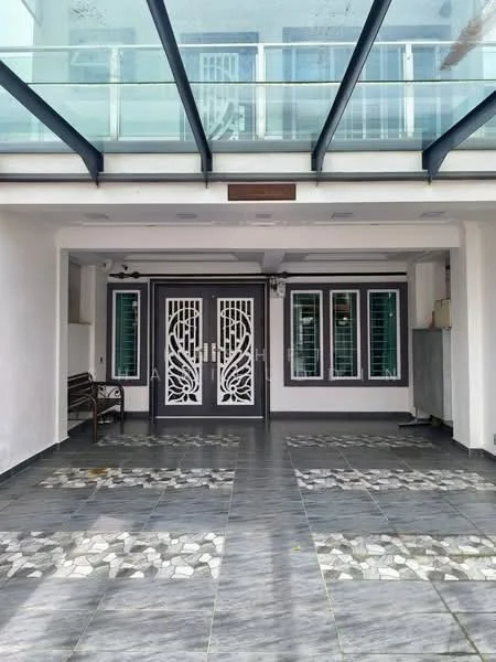 Exterior type: detached bungalow; features: glass canopy roof, double front doors with decorative metalwork, grey tiled flooring, stone-paved walkway, white painted walls, green window shutters, multiple windows, bench seating, outdoor lighting; style: modern.