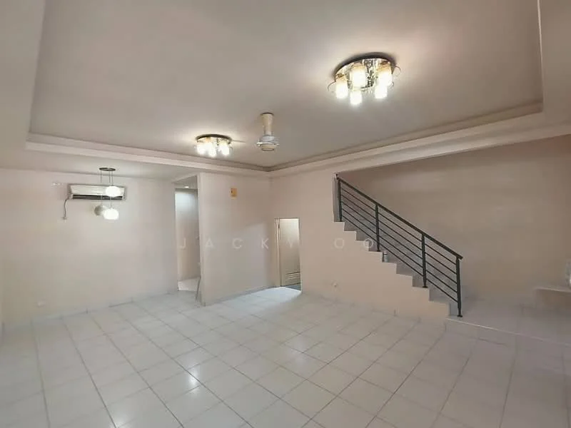Room features: white painted walls, white tiled flooring, tray ceiling, 2 ceiling lights, 1 ceiling fan, 1 wall-mounted split AC, staircase with metal railing, open space layout; style: modern.