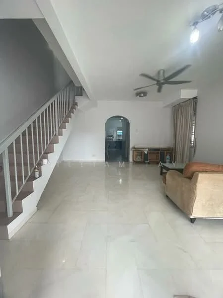 Living features: marble flooring, white painted walls, ceiling fan, sofa in beige, large windows with curtains, open layout, staircase with metal railing, arched doorway, decorative wall light; style: modern.