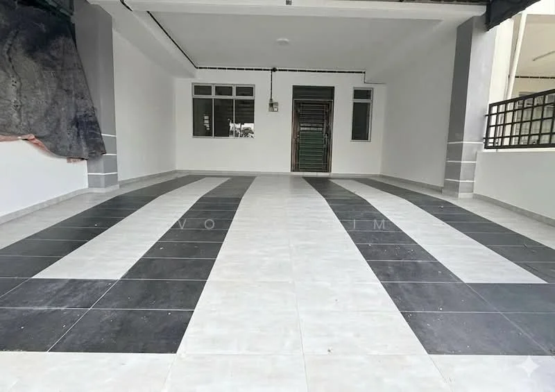 Exterior features: striped floor tiles in black and white, covered porch area, white painted walls, large windows, main entrance door, ceiling light fixture; style: modern.