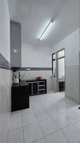 Kitchen features: black cabinetry, white tiled backsplash, grey wall tiles, white floor tiles, stainless-steel sink, single-bowl sink, chrome faucet, built-in countertop, window for natural light, recessed ceiling lights; style: modern.