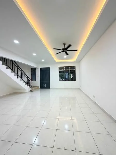 Living features: white painted walls, polished ceramic tile flooring, tray ceiling with LED strip lighting, 5-blade ceiling fan, large window with black grille, staircase with black railing, door with black frame, neutral color scheme; style: modern.
