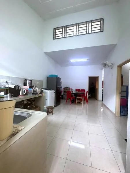 Kitchen features: single-bowl stainless-steel sink, chrome pull-down faucet, light-colored laminate countertop, white cabinetry, ceramic tile flooring, wall-mounted air conditioning unit, refrigerator, microwave, kettle, toaster, dining table with red chairs, open layout, high ceiling, window with metal grille; style: modern. Dining features: dining table, red plastic chairs; style: modern.