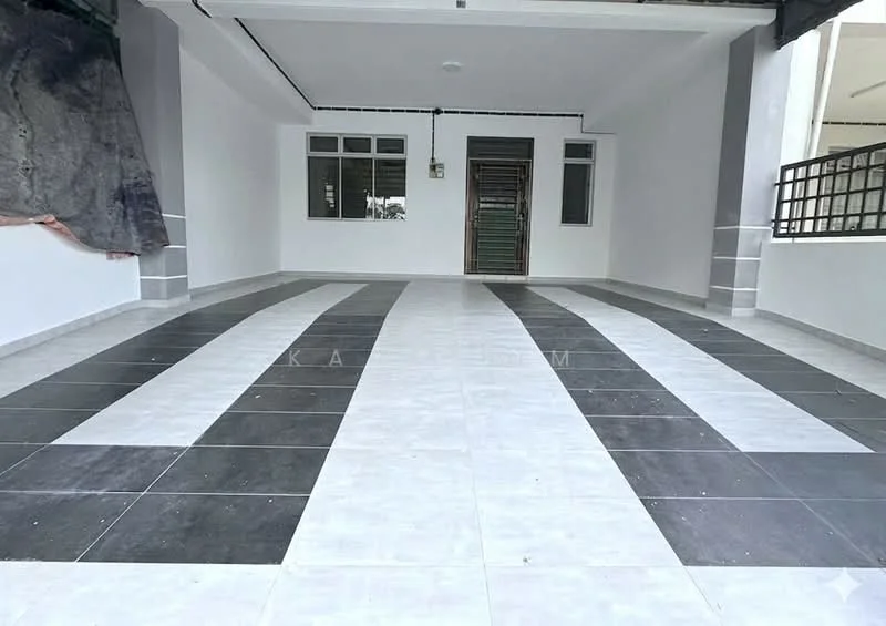 Room features: grey and white tiled flooring, plain white walls, ceiling light fixture, large windows, doorway leading outside, no visible furniture or decor; style: modern.