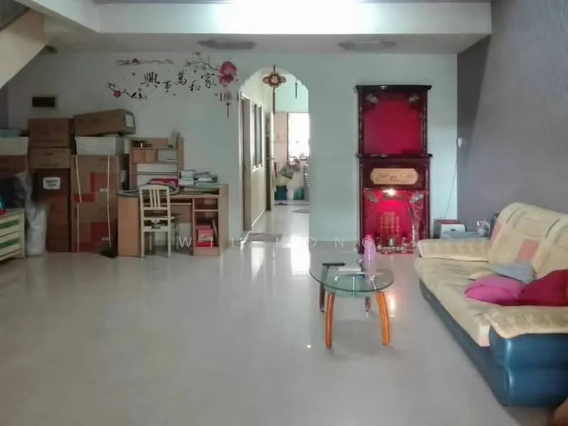 Living features: cream painted walls, white ceiling, marble flooring, 3-seater fabric sofa in beige, coffee table with glass top, decorative wall art, built-in storage cabinets, open layout, natural light from windows; style: modern. Room features: boxes stacked for storage, desk with chair, doorway leading to other rooms.