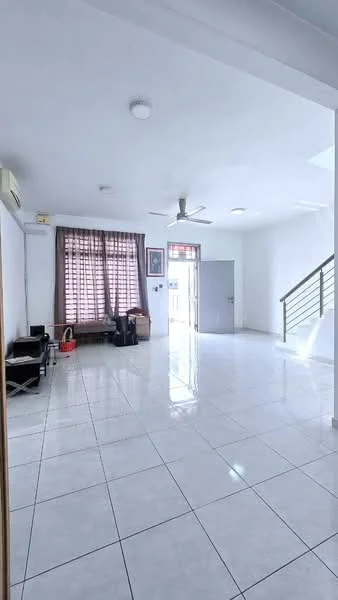 Living features: white painted walls, glossy ceramic tile flooring, 5-blade ceiling fan, recessed downlights, large windows with sheer curtains, sliding glass door, open layout, natural light from windows, wall-mounted air conditioning unit, staircase in background; style: modern.