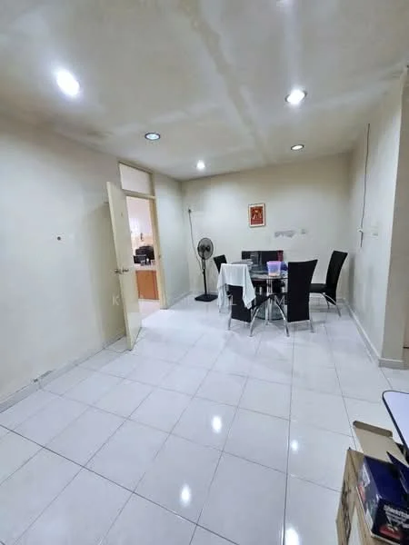 Dining features: white painted walls, glossy white tile flooring, recessed downlights, round dining table, 4 black dining chairs, standing fan, open doorway to kitchen, doorway to hallway.