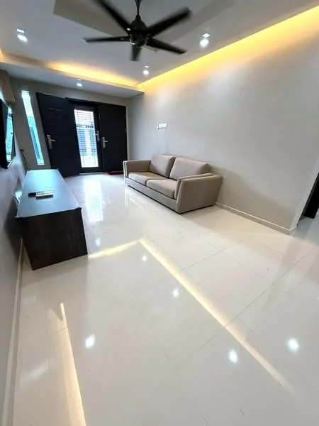 Living features: cream painted walls, white tiled flooring, 5-blade ceiling fan with light, recessed LED downlights, sofa in light beige, TV console in dark wood, floor-to-ceiling windows, double doors, decorative wall lighting; style: modern.