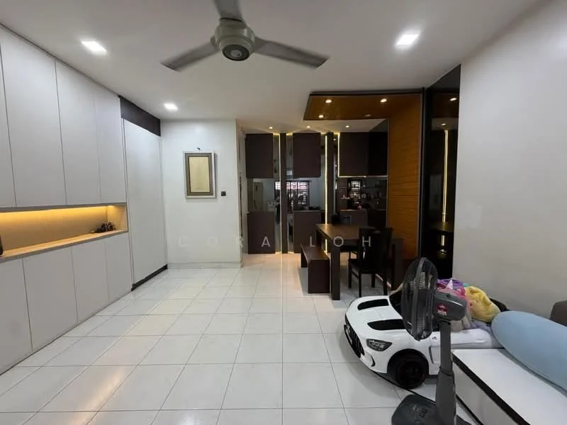 Living features: white painted walls, tile flooring, 5-blade ceiling fan with light, recessed downlights, built-in cabinetry with under-cabinet lighting, open-plan layout to kitchen, dining table with chairs, decorative wall art, toy car, vacuum cleaner, sofa, kitchen island with seating; style: modern.
