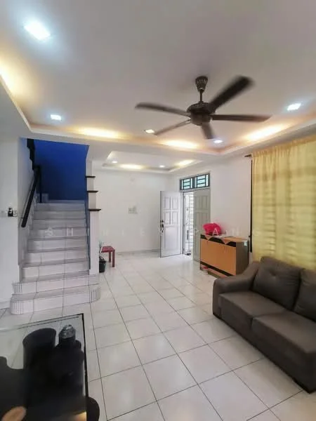 Living features: white painted walls, ceramic tile flooring, recessed downlights, 5-blade ceiling fan, large window with sheer curtains, sofa in grey fabric, coffee table, console table, staircase with white risers, door leading outside; style: modern.