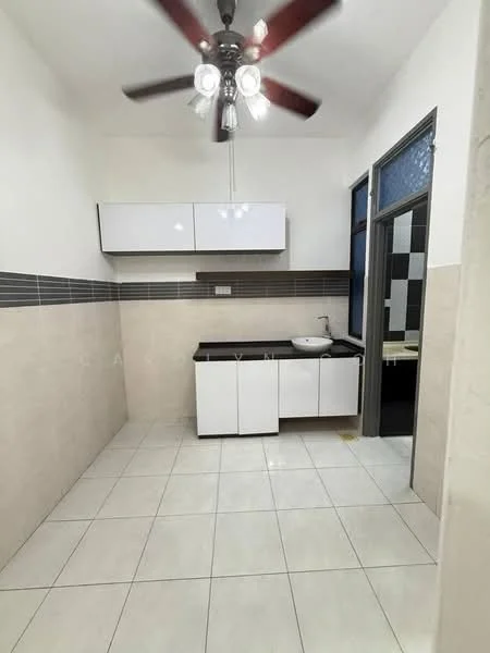Kitchen features: white cabinetry, single-bowl sink, chrome faucet, black and white tiled backsplash, white tiled flooring, ceiling fan with light, wall-mounted cabinets, countertop space; style: modern.