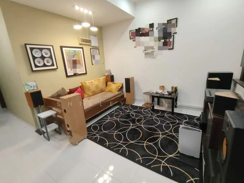 Living features: cream painted walls, white tiled flooring, sofa with yellow cushions, framed artwork on walls, black area rug with circular pattern, wooden side table, floor speakers, TV console, decorative items on console, recessed ceiling lights, air conditioning unit; style: modern.