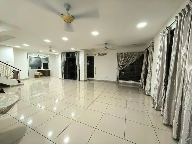 Living features: white painted walls, glossy ceramic tile flooring, recessed downlights, 5-blade ceiling fan with light, floor-to-ceiling windows, sheer curtains, blackout curtains, open layout, neutral color scheme, decorative wall feature; style: modern.